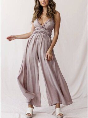 Selfie Leslie Laney Wide Leg Ruffle Detail Jumpsuit Mocha Pink V-Neck Size Small